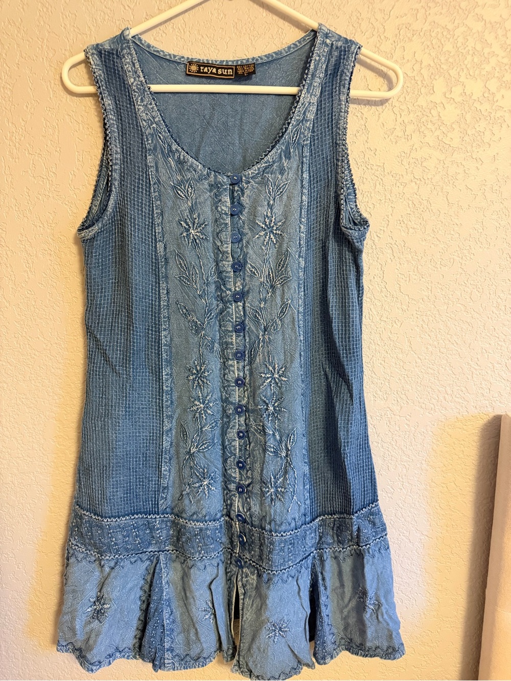 raya sun light blue embroidered sleeveless mini dress